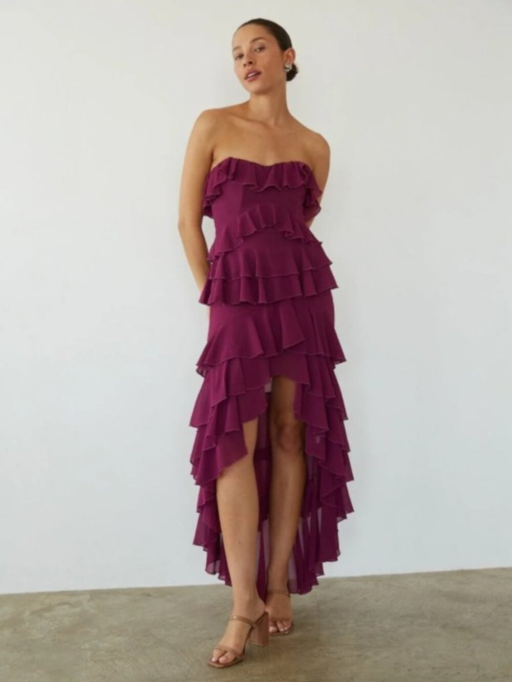 American Threads Clementine High Low Ruffle Maxi Dress in Berry